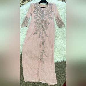 Oleg Cassini Blush Long Sleeve Beaded Embroidered Dress
